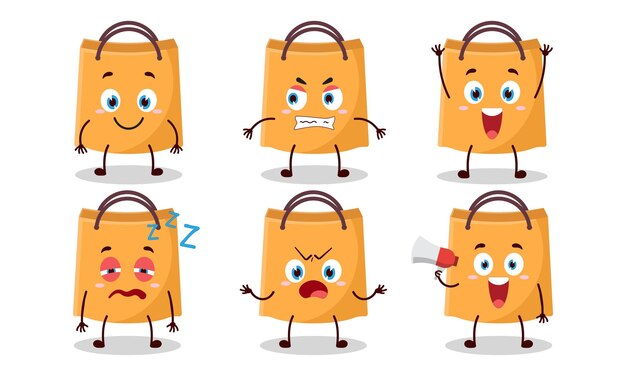 dibujos animados de bolsas de compras divertidos con muchas expresiones ilustración de diseño
