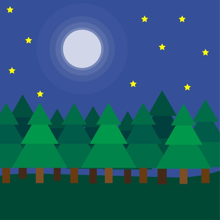 Vector dibujos animados bosque luna otoño camping paisaje hermoso paisaje natural ilustración vectorial