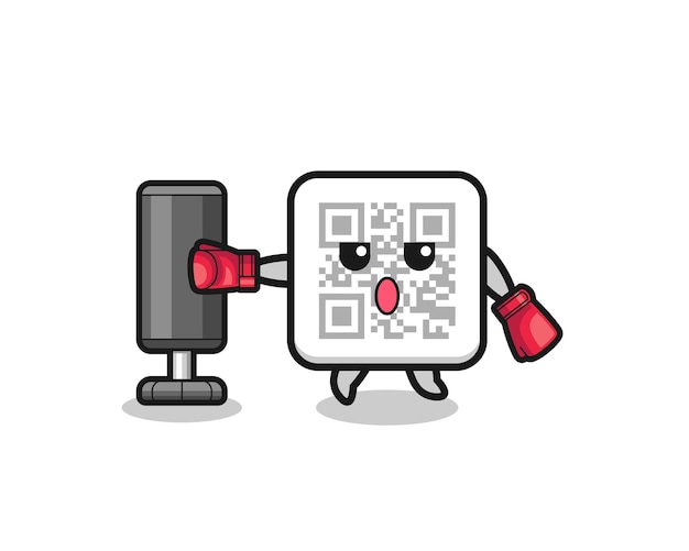 Dibujos animados de boxeador de código qr entrenando con saco de boxeo