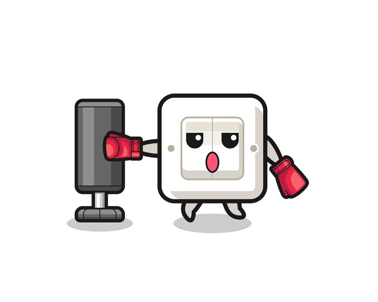 Vector dibujos animados de boxeador de interruptor de luz haciendo entrenamiento con saco de boxeo