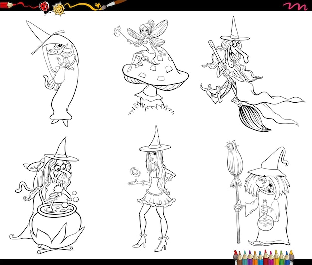 dibujos animados brujas personajes de fantasía conjunto página de colorear