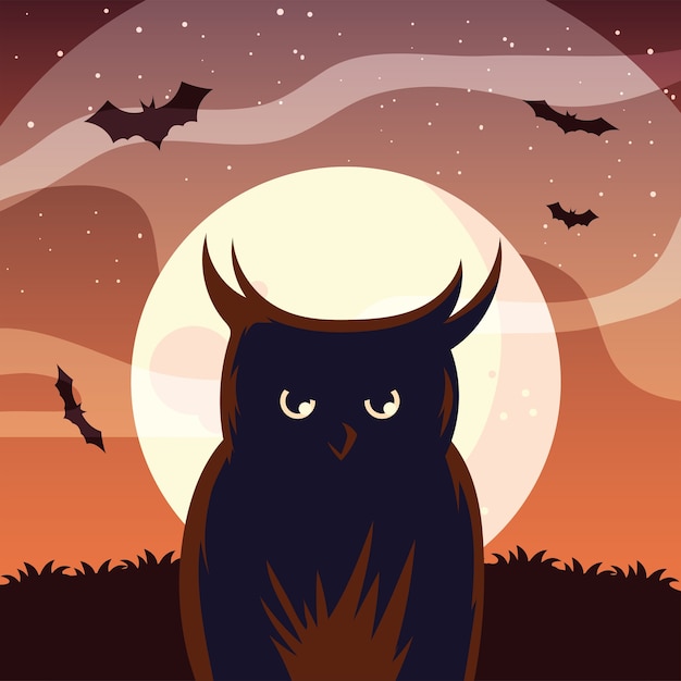 Dibujos animados de búho de Halloween frente a diseño de luna, vacaciones y tema aterrador