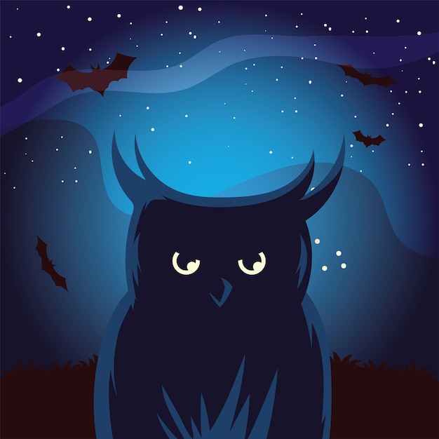 Vector dibujos animados de búho de halloween con murciélagos en el frente en el diseño nocturno, vacaciones y tema aterrador