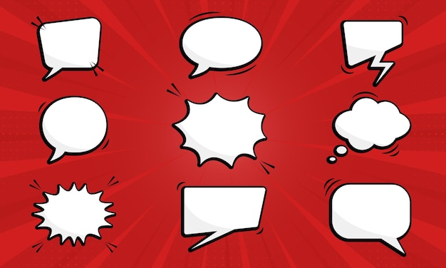 Dibujos animados de burbujas de discurso divertido sobre fondo rojo Pop Art Conjunto de globos de discurso cómico con semitono