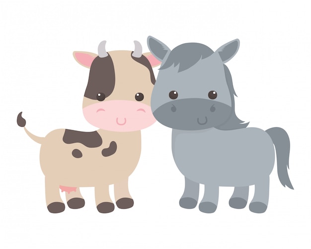 Dibujos animados de burro y vaca aislados