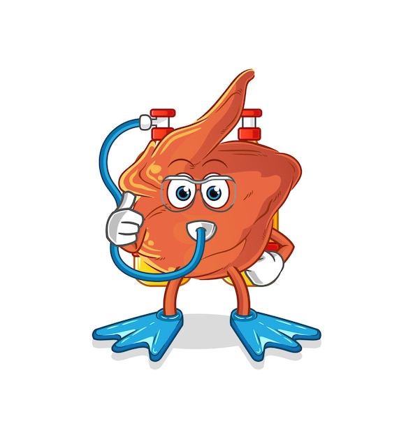 Dibujos animados de buzo de ala de pollo. vector de mascota de dibujos animados