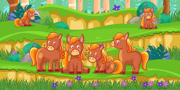 Dibujos animados de caballos en el hermoso jardín