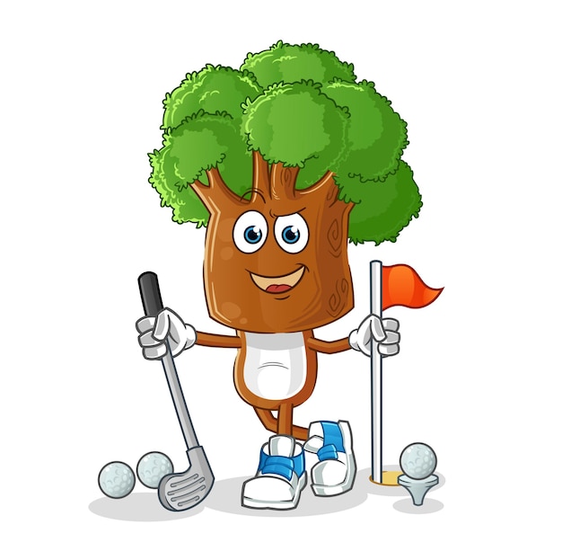 Dibujos animados de cabeza de árbol jugando vector de golf. personaje animado