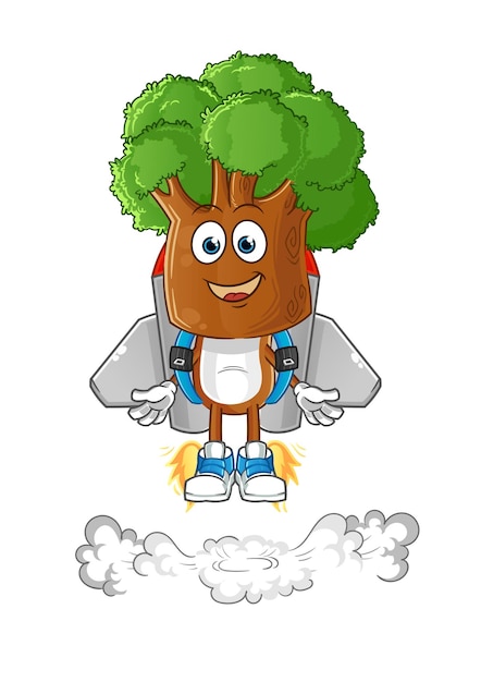 Dibujos animados de cabeza de árbol con mascota jetpack. vector de dibujos animados