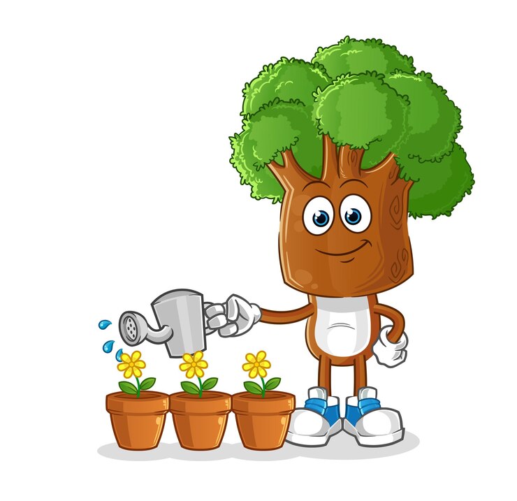 Vector dibujos animados de cabeza de árbol regando el vector de dibujos animados de mascota de flores