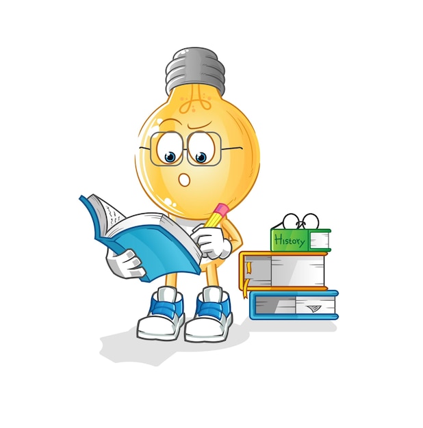 Dibujos animados de cabeza de bombilla estudiando vector de dibujos animados de mascota