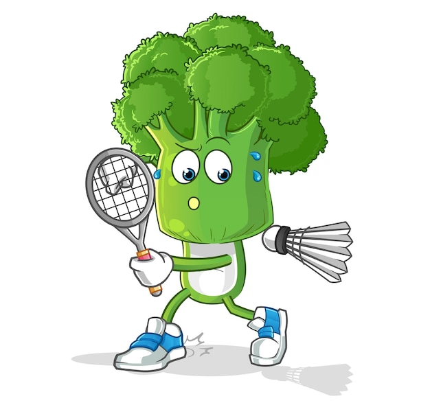Dibujos animados de cabeza de brócoli jugando vector de caracteres de ilustración de bádminton
