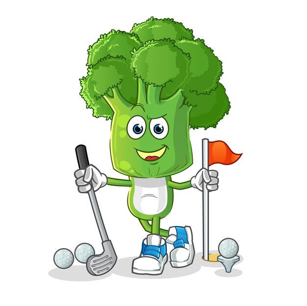 Dibujos animados de cabeza de brócoli jugando vector de golf. personaje animado