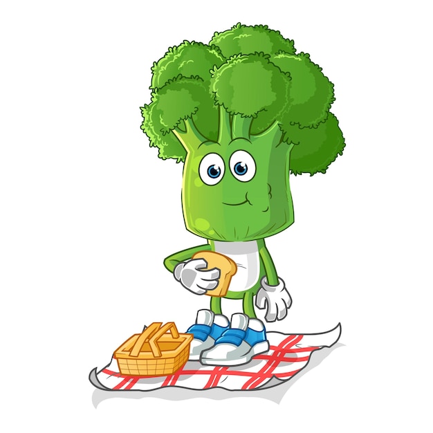 Dibujos animados de cabeza de brócoli en un picnic. vector de mascota de dibujos animados