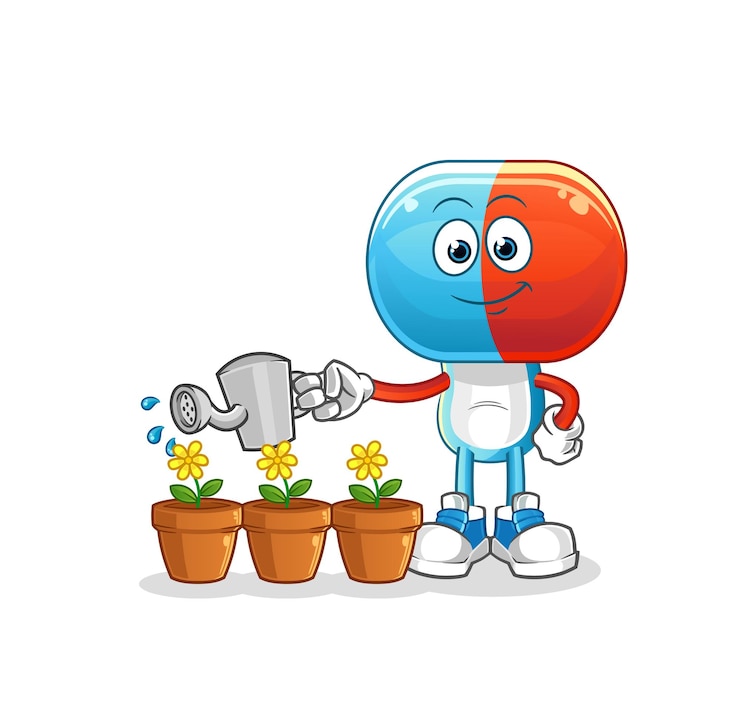 Vector dibujos animados de cabeza de cápsula regando el vector de dibujos animados de mascota de flores