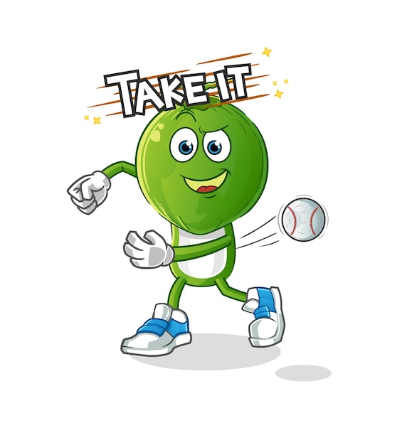 Dibujos animados de cabeza de coco verde lanzando vector de béisbol. personaje animado