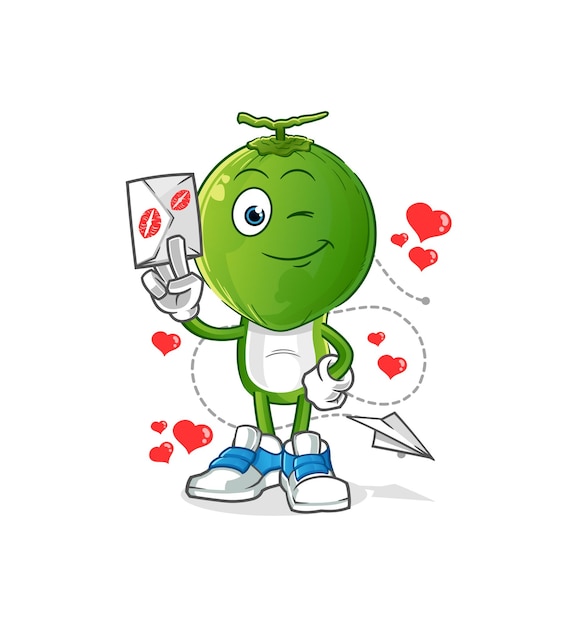 dibujos animados de cabeza de coco verde sostener ilustración de carta de amor. vector de caracteres