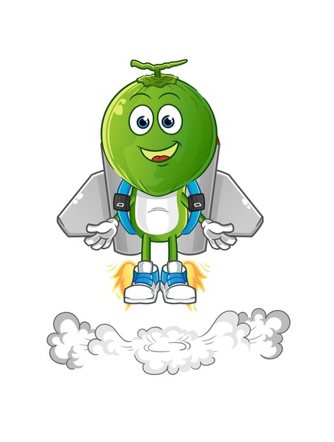 Dibujos animados de cabeza de coco verde con vector de dibujos animados de mascota jetpack