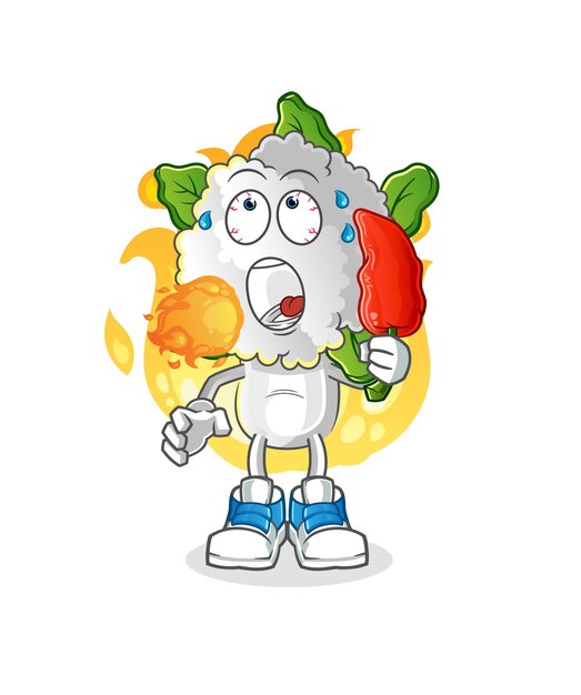 dibujos animados de cabeza de coliflor comer chile picante mascota vector de dibujos animados