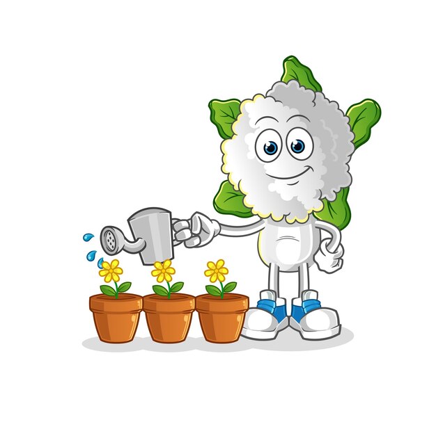 dibujos animados de cabeza de coliflor regando las flores mascota vector de dibujos animados