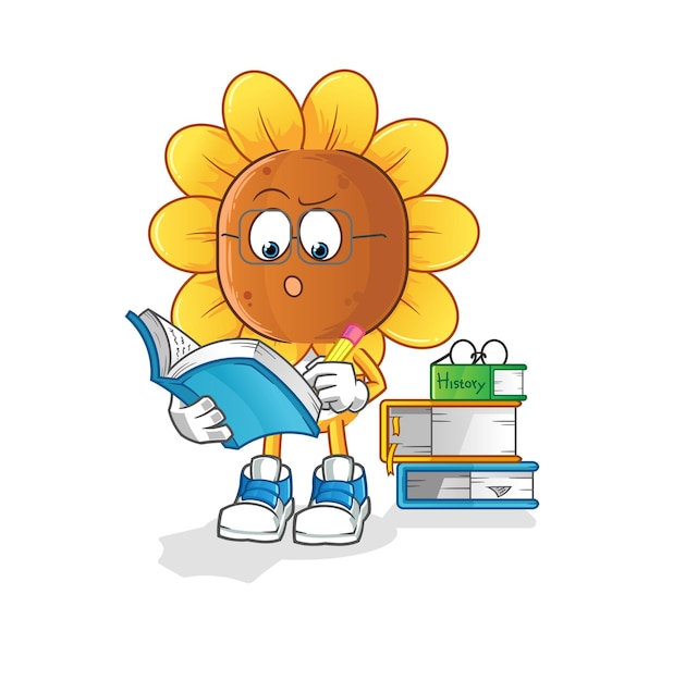 dibujos animados de cabeza de girasol estudiando vector de dibujos animados de mascota