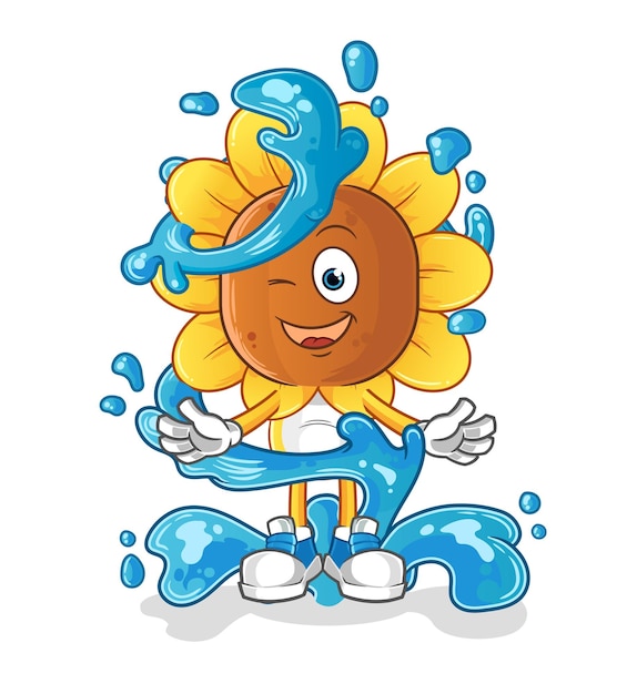 dibujos animados de cabeza de girasol fresco con vector de dibujos animados de mascota de agua