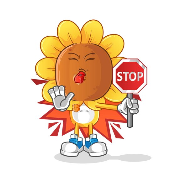 dibujos animados de cabeza de girasol sosteniendo vector de mascota de dibujos animados de señal de stop