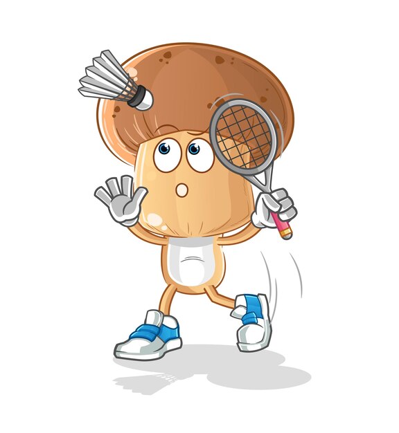 Dibujos animados de cabeza de hongo aplastan en el vector de mascota de dibujos animados de bádminton
