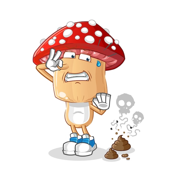 Dibujos animados de cabeza de hongo rojo con ilustración de residuos apestosos. vector de caracteres