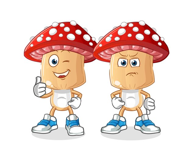 Dibujos animados de cabeza de hongo rojo pulgares hacia arriba y hacia abajo vector de dibujos animados