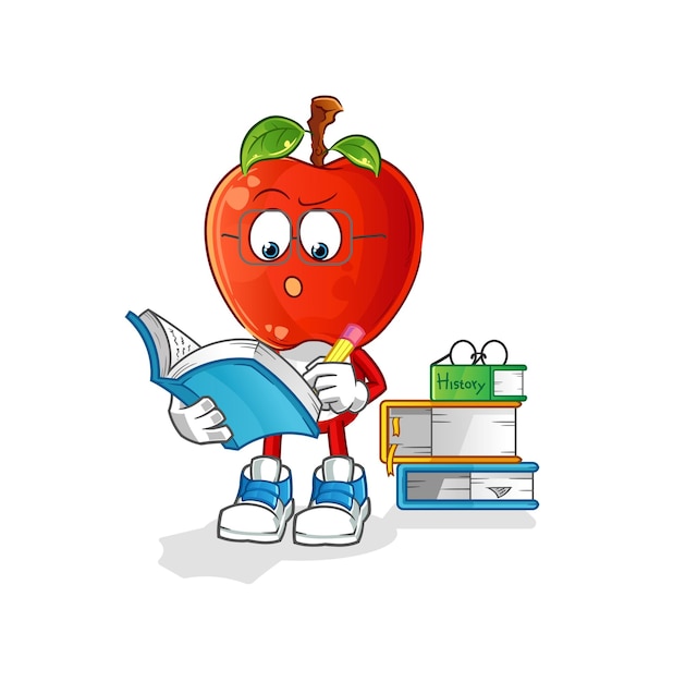 Dibujos animados de cabeza de manzana estudiando vector de dibujos animados de mascota