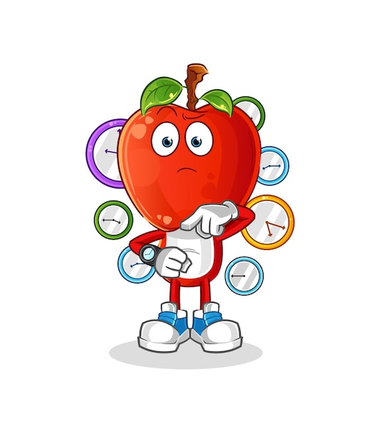 Dibujos animados de cabeza de manzana con vector de mascota de dibujos animados de reloj de pulsera