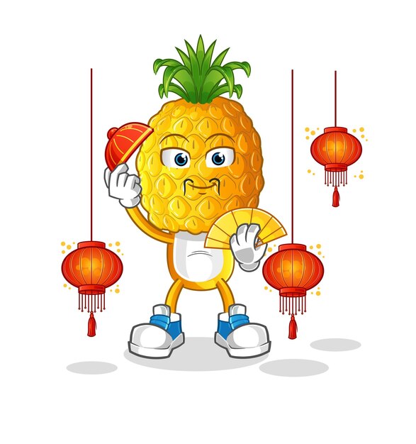 Dibujos animados de cabeza de piña chino con vector de caracteres de ilustración de linternas