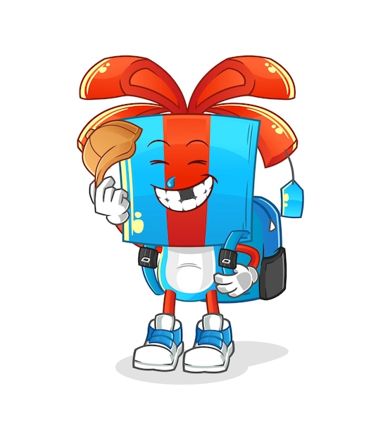 Dibujos animados de cabeza de regalo va al personaje de dibujos animados de vector de escuela