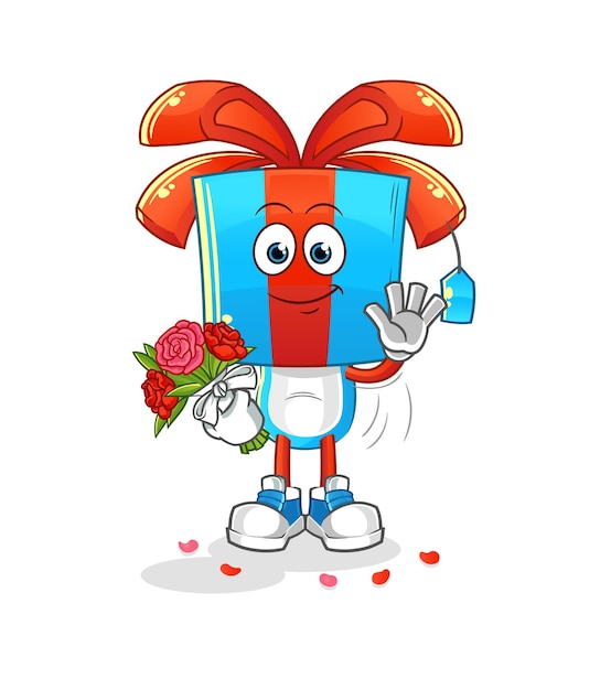 Dibujos animados de cabeza de regalo con vector de dibujos animados de mascota de ramo