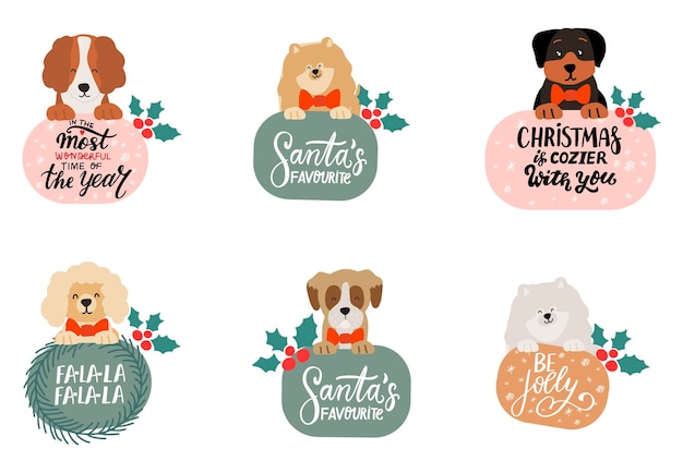 Vector dibujos animados de cachorros de navidad perros de navidad. caniche de pomerania boxer cocker spaniel deseos de vacaciones