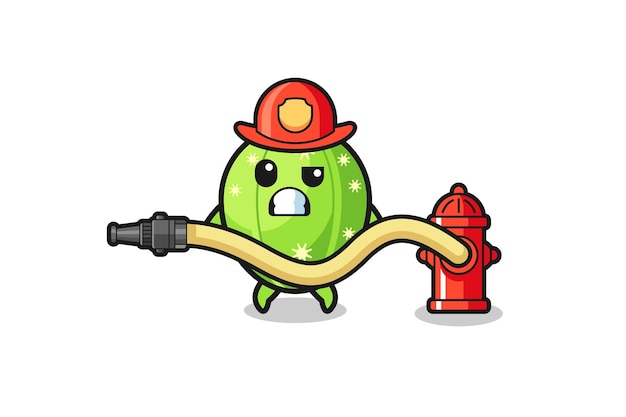 Dibujos animados de cactus como mascota de bombero con manguera de agua