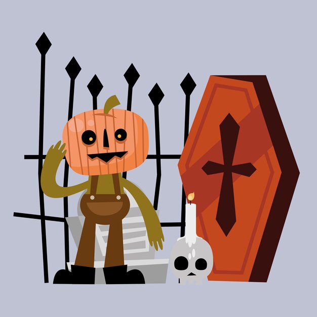 Dibujos animados de calabaza de Halloween con diseño de ataúd, tema aterrador