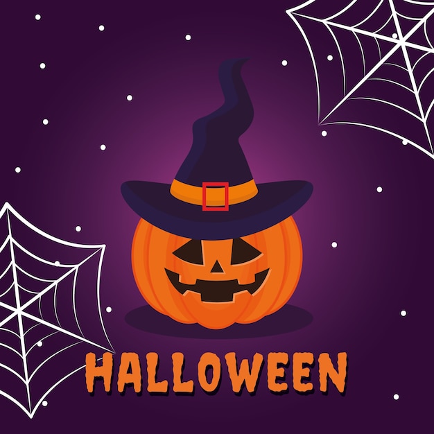Dibujos animados de calabaza de Halloween con diseño de sombrero y telarañas, tema de miedo