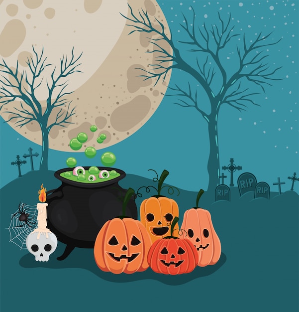 Dibujos animados de calabazas de halloween y cuenco de brujas frente al diseño del cementerio, vacaciones y tema aterrador