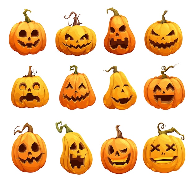 Dibujos animados de calabazas de Halloween, Jack o lantern personajes de miedo aislados. Linternas de calabaza de Halloween, lindas y felices con una sonrisa aterradora en la cara, vacaciones de terror y calabazas nocturnas espeluznantes con tallas espeluznantes