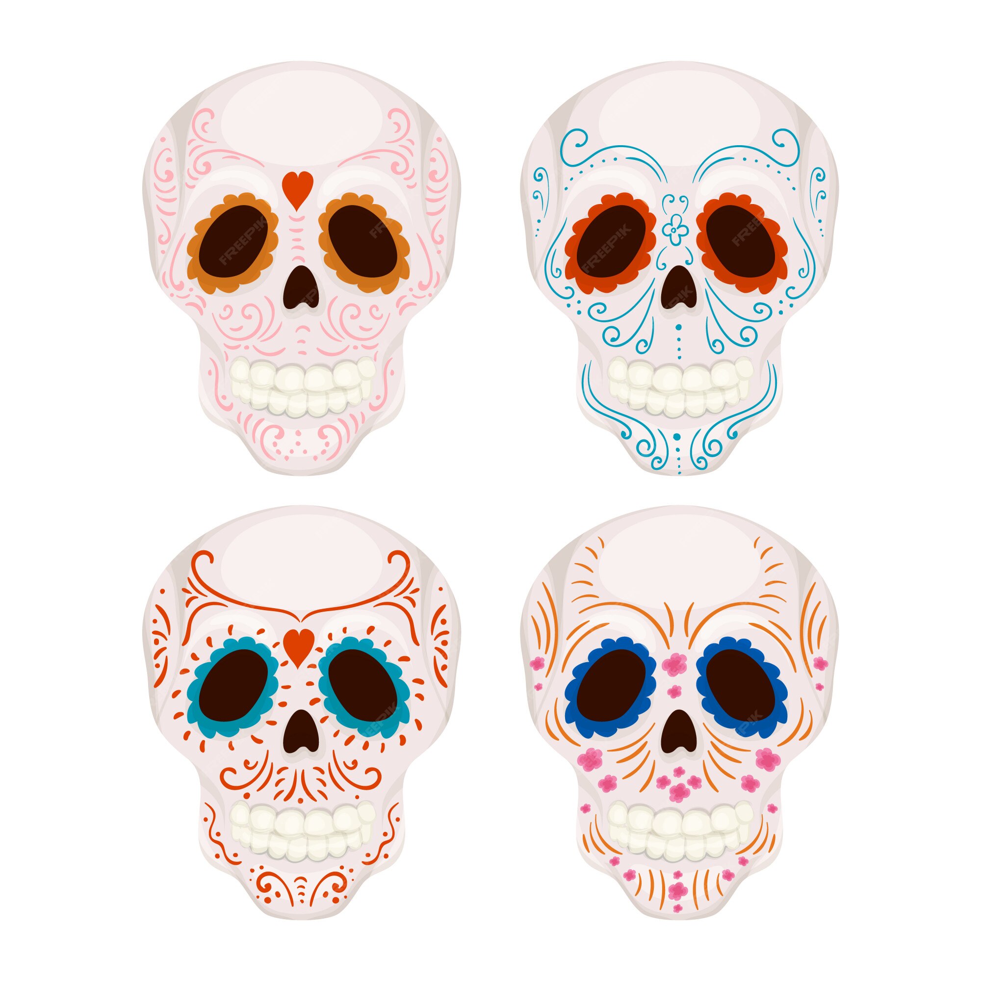 Dibujos animados calavera de azúcar mexicana con patrones tradicionales  ilustración para el día de los muertos | Vector Premium