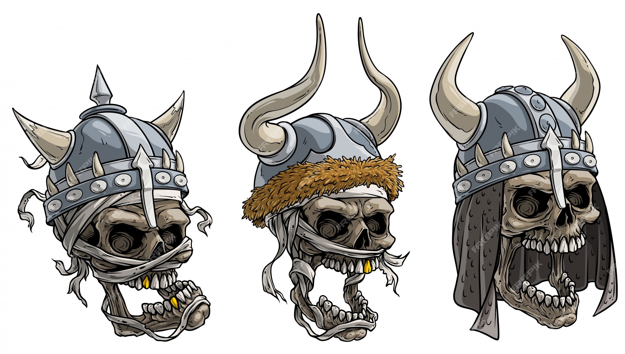 Dibujos animados de calaveras de guerreros vikingos en casco de metal |  Vector Premium