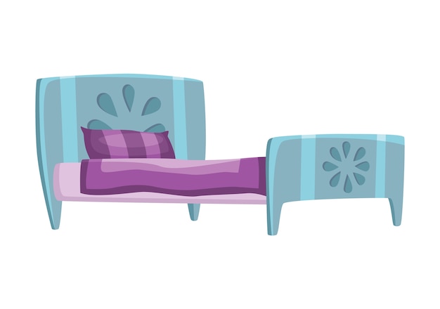 Dibujos animados de cama. Ilustración de cama de color con almohada y funda. Icono de mobiliario.