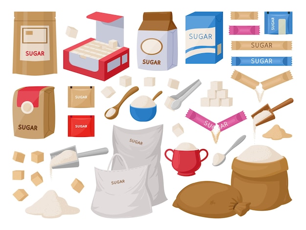Dibujos animados caña de azúcar cubos de azúcar producto de cocina dulce vector colección de ilustración plana