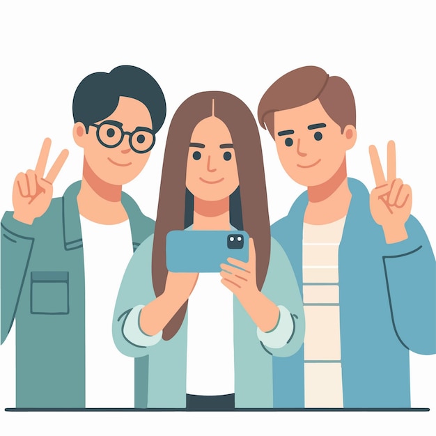 Vector dibujos animados capturando el momento con una foto selfie usando un teléfono inteligente con amigos en un estilo de diseño plano