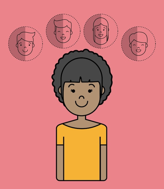 Dibujos animados de caras de niña y personas alrededor de icono