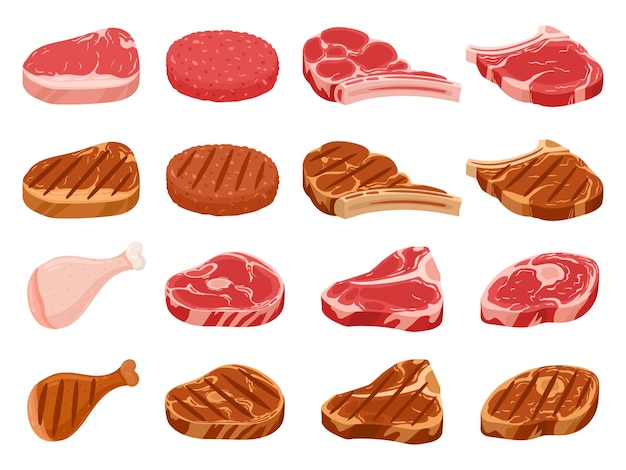 Dibujos animados carne cruda y a la parrilla bistec hamburguesa fresca empanada plana vector ilustración conjunto