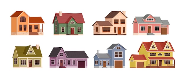 Dibujos animados casas suburbanas americanas Casa exterior suburbios edificios de barrio y conjunto de ilustración de vector de bienes raíces