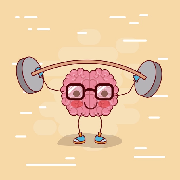 Vector dibujos animados de cerebro con gafas y levantamiento de pesas